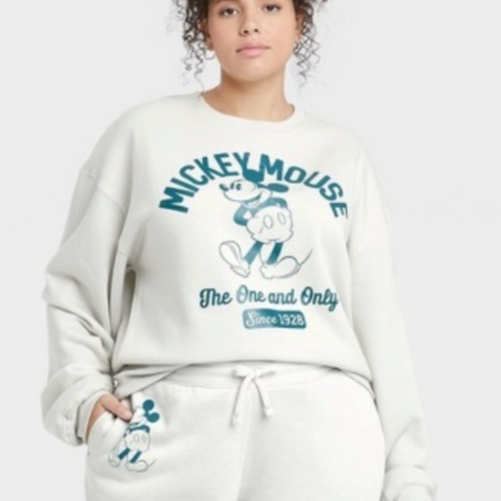 Disney Cream and Teal Mickey Graphic Crewneck